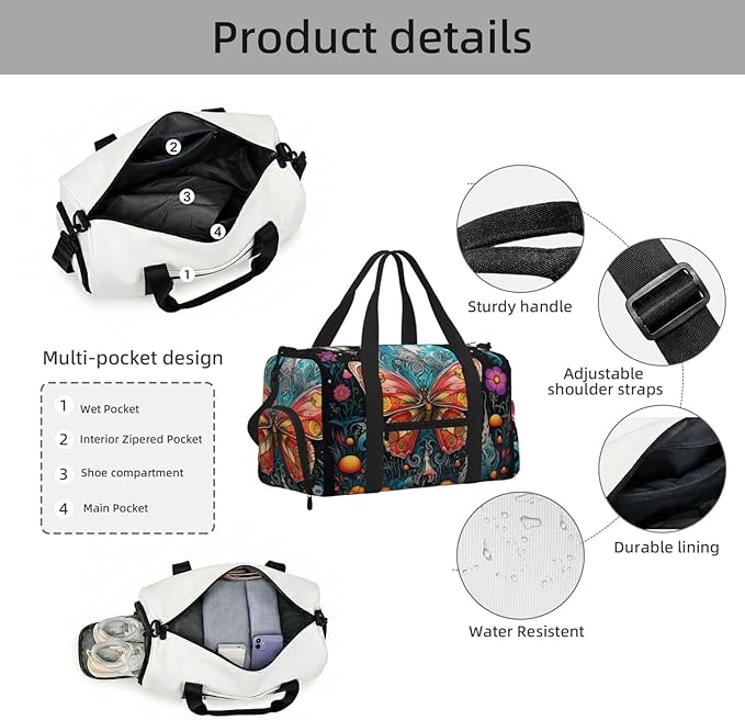 Sports Gym Bag Multicolored Butterfly Moon Flowers Travel Duffel Bag With Shoe Compartment Shoulder Strap, Lightweight Water-Resistant Weekend Overnight Totes For Women Men
