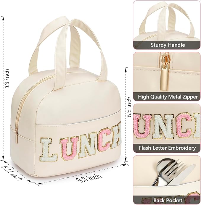 Lunch Bag for Women Insulated For Men PU leather Small Office Work lunch with Chenille Letters Leakproof Freezable Cooler Reusable Portable Box (White)