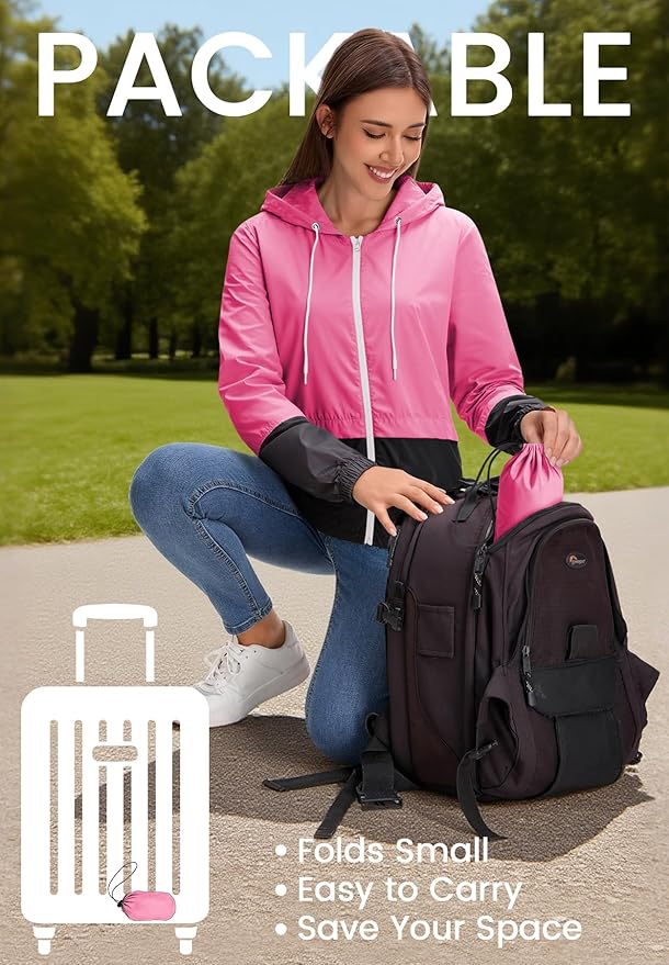 Zando Lightweight Rain Jacket Women Waterproof - Raincoat for Women Packable Rain coat Hooded Windbreaker for Travel Outdoor