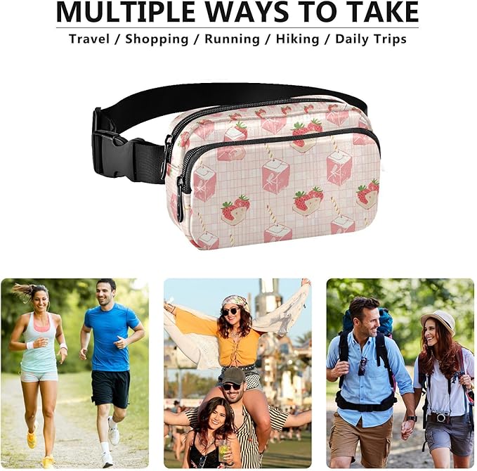 Kawaii Strawberry Milk Fanny Pack for Women Men Water Resistant Fashion Waist Packs with Adjustable Strap Belt Bag for Travel Workout Jogging Hiking 21219050