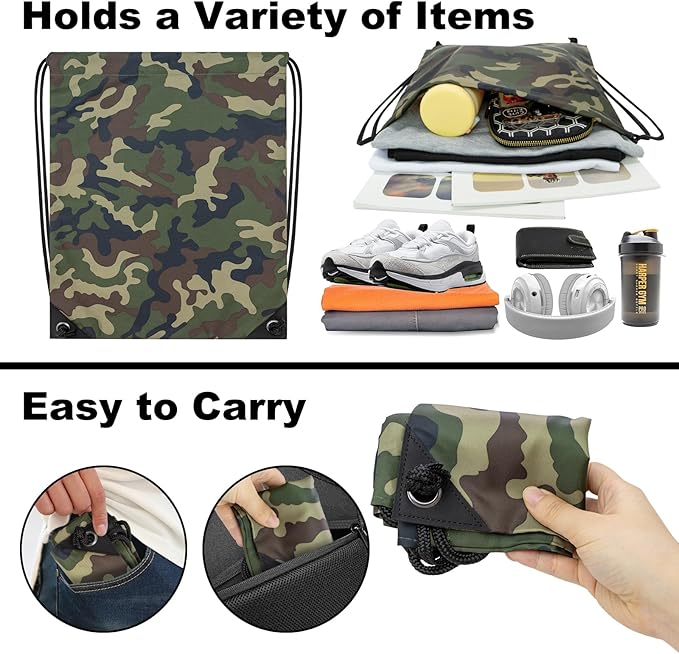 2PCS Drawstring Bags Bulk, String Backpack for Men Women, Cinch Bag Draw String Back Bag for Gym, Sports, Travel, Swimming, Beach, Green Camo