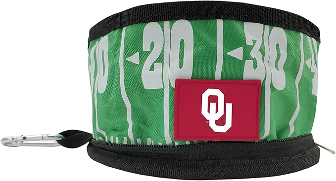 Pets First NCAA Oklahoma Sooners Collapsible Dog Travel Bowl, Food and Water Bowl for Dogs & Cats. Lightweight Leak-Proof Pet Bowl for Travel with Football Field & Pebble-Grain Design