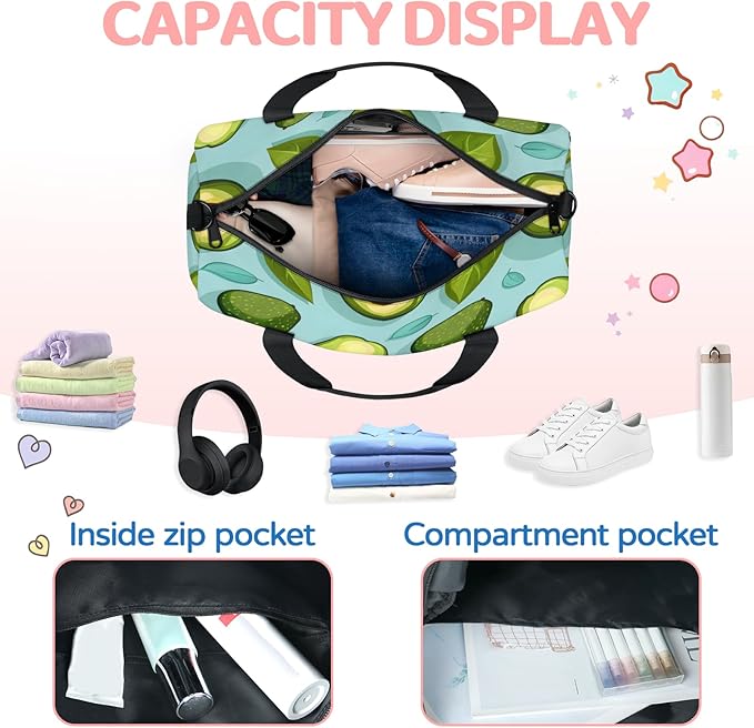 Avocados Travel Duffle Bag for Women Men, Overnight Weekender Bag, Carry on Tote for Sport Gym