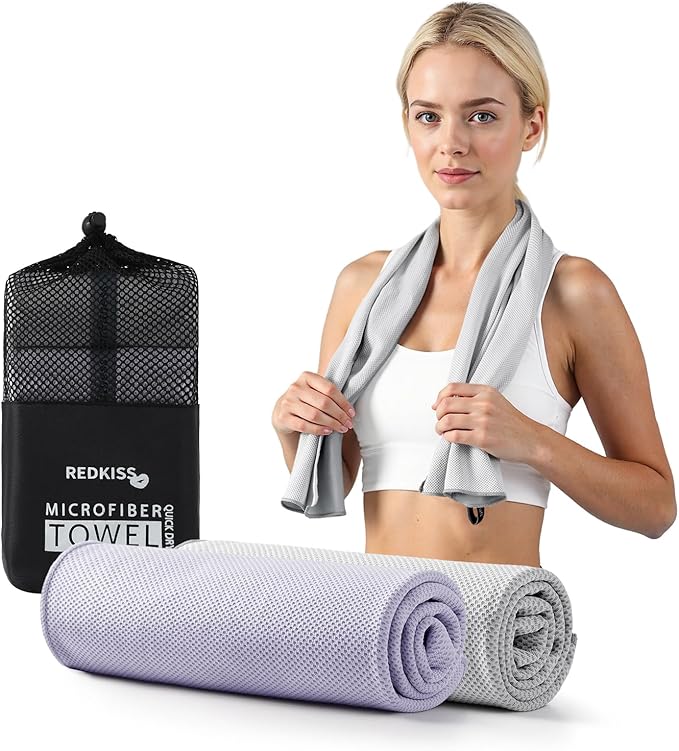 Cooling Towels for Neck and Face - 2 Pack Microfiber Gym Towels Set, 39" x 11" Microfiber Absorbent Towel for Sports Fitness, Yoga, Super Soft and Quick-Drying Gym Towels for Women Men，Grey Purple