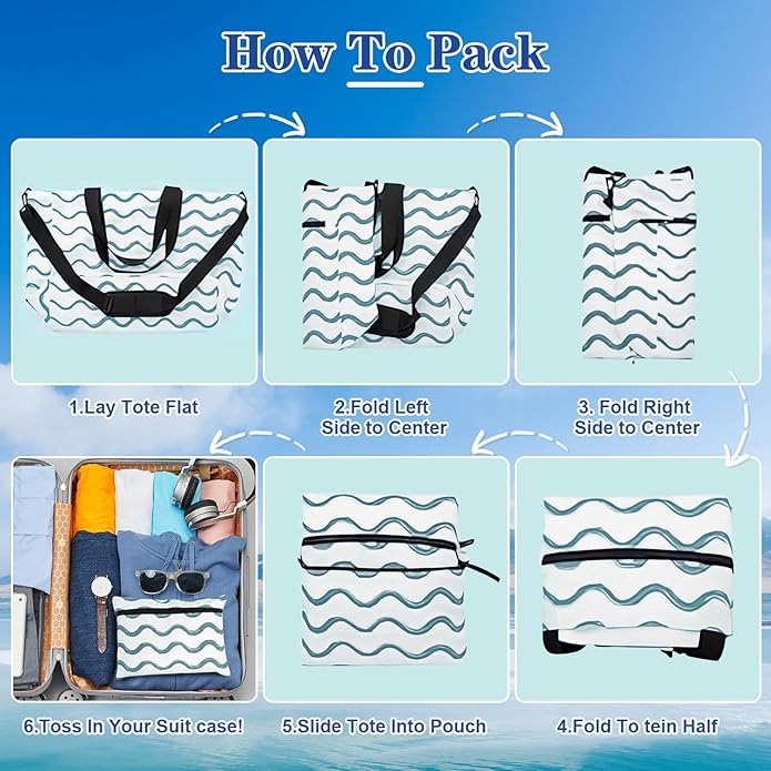 Beach Bag Packable Travel Beach Bag Tote for Pool Lake Cruise Essentials for Women, Foldable Travel Bag for Women