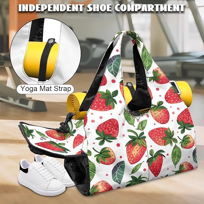 Gym Bag Women Strawberry Note Workout Bag with Shoe Compartment, Wet Pocket,Travel Tote Bag with Mat Carrier, Waterproof Overnight Bag Carry On Weekender