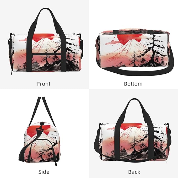Sports Gym Bag Japan Traditional Sun Fuji Mountain Art Painting Travel Duffel Bag With Shoe Compartment Shoulder Strap, Lightweight Water-Resistant Weekend Overnight Totes For Women Men