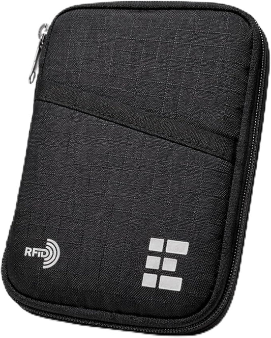 Zero Grid RFID Passport Holder & Travel Wallet, Zippered Wallet for Men & Women, Fits Passport, Cards, Cash, Tickets, ID, Sim Card, AirTag; Premium & Compact Travel Document Holder - Midnight Black