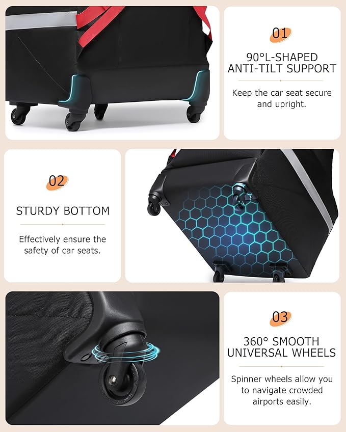 MCBD Car Seat Travel Bag for Airplane with Wheels, Padded Baby Carseat Backpack for Airport Gate Check Carrier Fits Booster Seat & Luggage Toddler Carseat Cover with Reflective Strips, Black