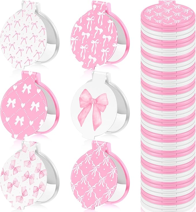 Namalu 36 Pcs Pink Bow Coquette Mini Compact Mirrors Party Aesthetic Gifts Bulk for Women Wedding Bridal Travel Portable Round Pocket Makeup Mirror Gift for Purse Party Favors Breast Cancer