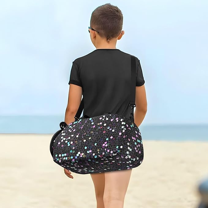 Black and Pink Fake Sequins Girl's Gym Duffel Bag with Shoes Compartment Multifunctional Sport Gym Tote Bags for Travel, Sports, Duffel, Weekender