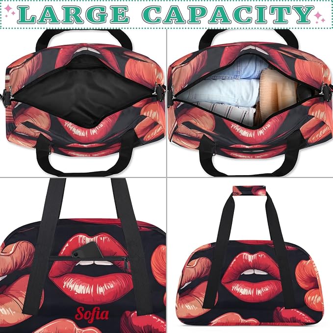 Custom Name Sexy Red Lips Girl Gym Travel Duffle Bag with Front Zipper Pocket Personalizedfor Sports Bag for Overnight, Weekender, Carry On,Workout & Dance, 18.9 * 8.7 * 10.6 in
