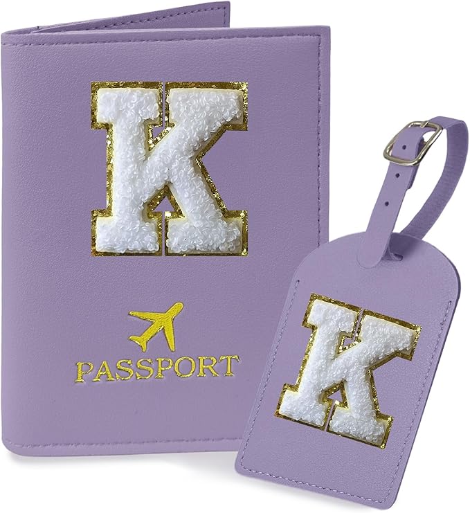 COSHAYSOO Purple Initial Passport Cover Holder and Luggage Tag Set TSA Approved with Chenille Letter Patch for Women Teenage Girls, Traveling Necessities Supply Unique Bag Suitcase Identifier (K)