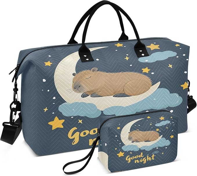 Travel Duffle Bag, Good Night Moon Capybara Gym Bag with Storage Bag Weekender Overnight Bag for Men Women Trip Sports Yoga