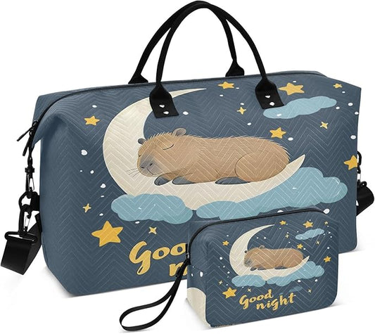 Travel Duffle Bag, Good Night Moon Capybara Gym Bag with Storage Bag Weekender Overnight Bag for Men Women Trip Sports Yoga