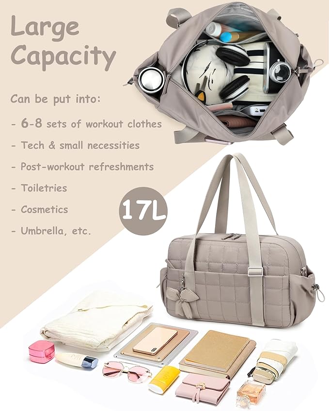 CAMTOP Mini Gym Bag for Women, Small Gym Tote Bag Puffy Quilted Sports Duffel Bag with Wet Compartment and Coin Purse Duffel Bags Dance Yoga Workout Bag for Gifts (Camel-16in, Medium-16")