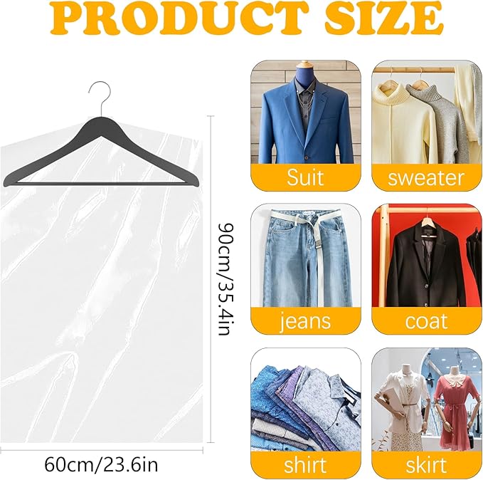MIDELONG 10Pcs (24 x 36 In) Clear Plastic Clothes Covers, Dry Cleaners Bags Hanging Dust-proof Clothing Protector Covers Garment Bags for Home Storage Clothing Stores Dry Cleaning