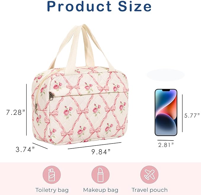 uekeboag Large Size Quilted Coquette Makeup Bag, Cute Preppy Floral Cotton Travel Cosmetic Organizer Bag with Top Handle, Multi-Layer Travel Toiletry Pouch for Girls (03Pink Bow)