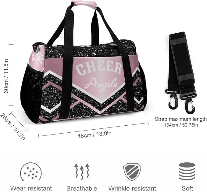 Personalized Name Sports Player Duffel Bags Pink Cheerleading Black Sparkle Print Travel Perform Training Casual Bag for Man Women Multifunctional Bags