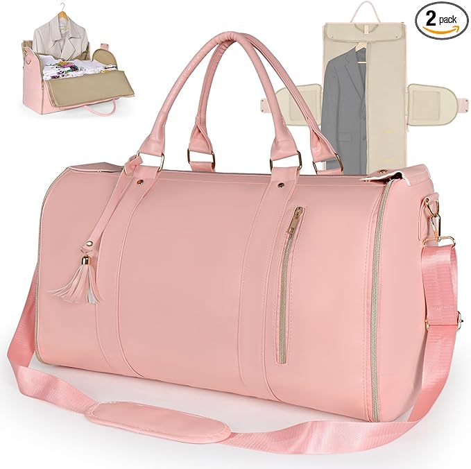 Geestock Garment Bag for Travel, Convertible Carry On Garment Duffle Bags for Women with Shoe Pouch & Detachable Shoulder Strap, Large PU Leather, 2 in 1 Hanging Suitcase Dress Suit Travel Bag, Pink