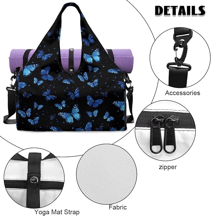 Blue Butterfly Small Gym Bag for Women Travel Duffel Bag with Shoe Compartment Decorative Tote Bags for Yoga, Sports, Hospital, Overnight, Weekender Organizer, Black