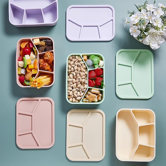 4 Pcs Silicone Bento Box Reusable Lunch Container Smooth Leak Proof Lunch Box Rectangle Bento Boxes for Adult Work Travel Food Meal Compartment Storage, 4 Colors (Light Color)