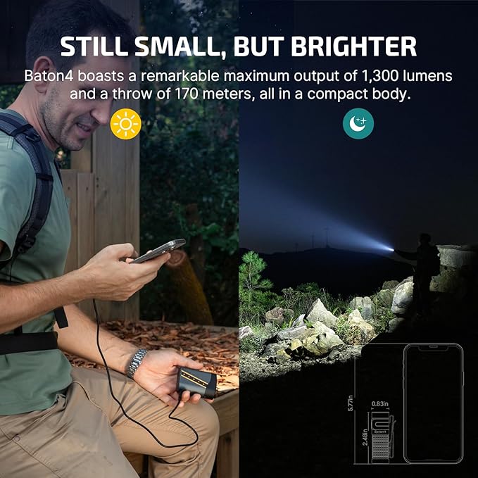 OLIGHT Baton4 Rechargeable EDC Flashlight, Bright Small Flashlight 1300 Lumens with MCC Charging Cable, IPX8 Waterproof, Multiple Modes Pocket Light for Home, Camping, and Emergencies (Fighter Pilot)