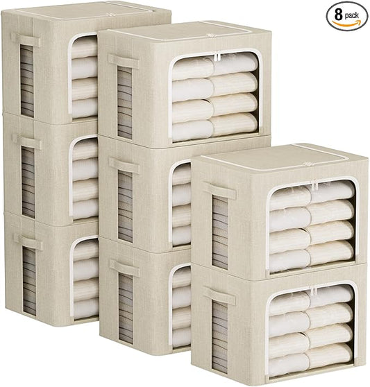FHSQX 8 Pack Clothes Storage Bins - Foldable Storage Bins for Clothes Fabric Storage Box with Metal Frame (Beige, 16.5x12.2x12.2 inch)