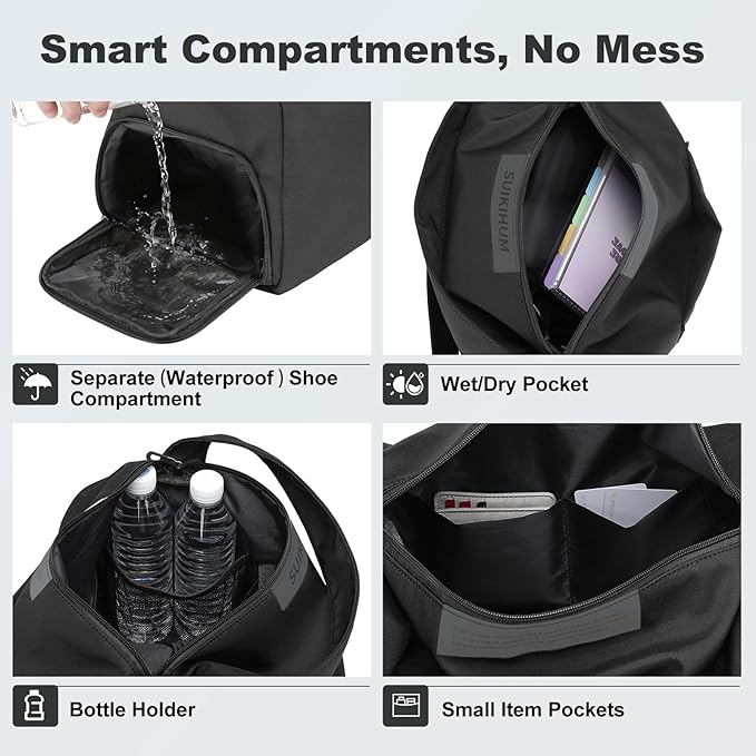 Women's Mini Gym Bag Crossbody, Everyday Sling Duffel with Shoe Compartment & Wet Pocket, Water-Resistant Travel Bag, Black