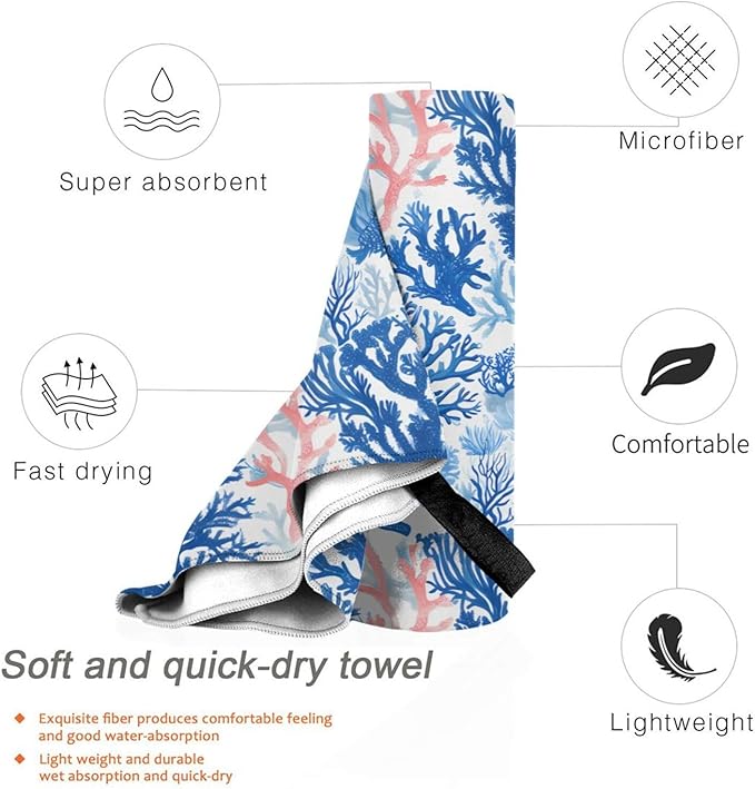 Blue Coral And Sea Pattern Sand Free Beach Towel – 27.5"X55" Quick Dry Microfiber Beach Towels For Travel, Swimming, Pool, And Camping, Absorbent And Compact Beach Essential For Women, And Men