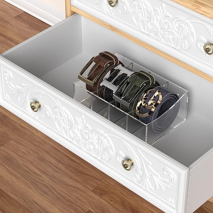 Belt Organizer, Acrylic Belt Storage Holder for The Closet and Drawer, 4 Compartments Belt Container Clear Display Case for Tie and Bow Tie