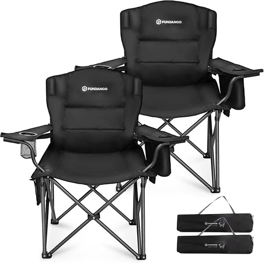 FUNDANGO Oversized Camping Chair for Adults, Heavy Duty Portable Foldable Lawn Chair with Padded Seat & Back, Lumbar Support, 4-can Cooler & Cup Holder, Carry Bag Included for Outdoor