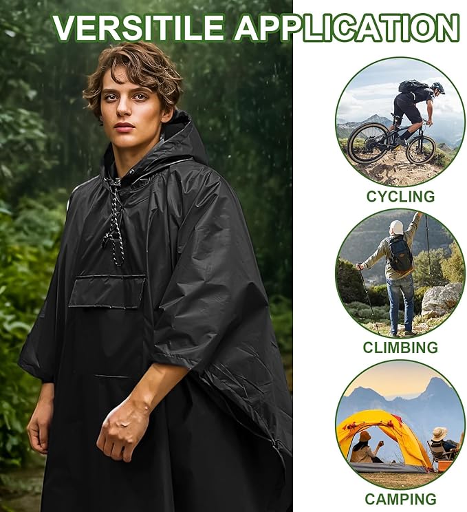 Hooded Rain Poncho for Adults - Waterproof Rain Coat and Lightweight Jacket 3-in-1 Multi-Function with Pockets