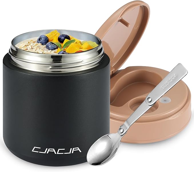 Insulated Food Jar for Kids - 15.2 Oz, Thermo for Hot Food, Soup Thermo, Insulated Food Container, Termos Para Comida Caliente, Width Mouth Stainless Steel Lunch Box with Spoon, Black