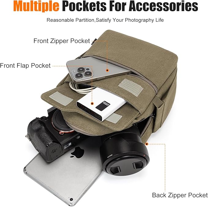 Cwatcun Camera Sling Bag Compact Small Camera Case, Waterproof Canvas Crossbody Camera Bag with Rain Cover, Travel Photography Bag for Canon Nikon Sony Fuji DSLR/SLR/Mirrorless Cameras, Lens, Green