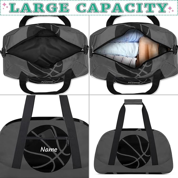 Personalized Duffel Bag for Girls Boys Custom Name Sport Gym Bag Small Overnight Weekender for Traveling Gymnastic Ballet ，Gray Basketball