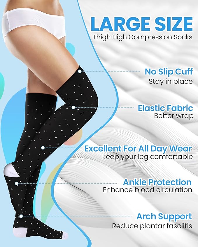 6 Pcs Large Size Thigh Compression Socks for Women Men 20-30 Mmhg Circulation Wide Calf Knee Support Stocking for Nurse, Running, Travel