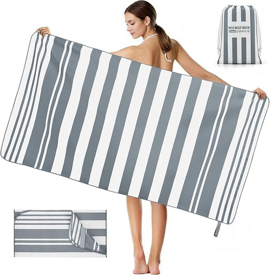 2-Pack Microfiber Beach Towels Set (63"x31.5" + 31.5"x16") | Oversized Quick Dry Sand Free Travel Towel for Beach Pool Gym Camping (Grey Towel A)