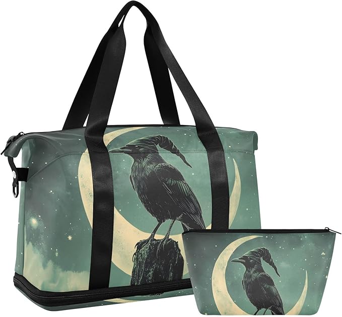 AIXIWAWA Duffel Bag Set for Gym Travel with Shoes Compartment Toiletry Bag Crow Moon Print