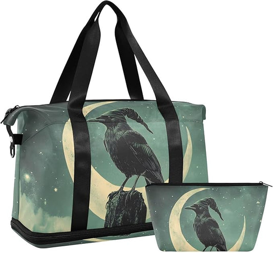AIXIWAWA Duffel Bag Set for Gym Travel with Shoes Compartment Toiletry Bag Crow Moon Print