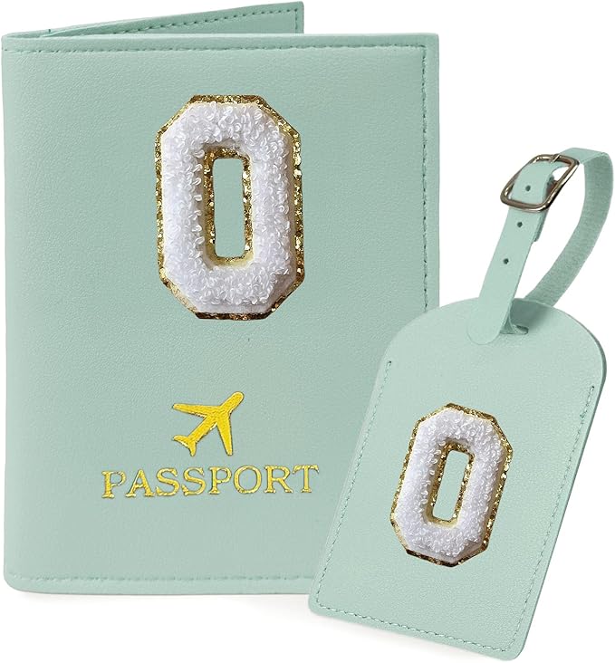 COSHAYSOO Green Passport Cover and Luggage Tag Set with Initial Letter for Women Teenage Girls, Small Useful Travel Gifts for Woman Teens Teal O