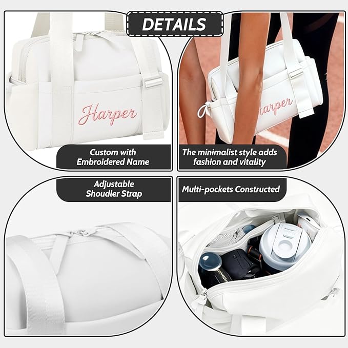 Personalized Mini Gym Bag for Women, Custom Embroidered Name Yoga Tote, Waterproof PU Fitness Duffle with Wet Compartment (white duffle bag)