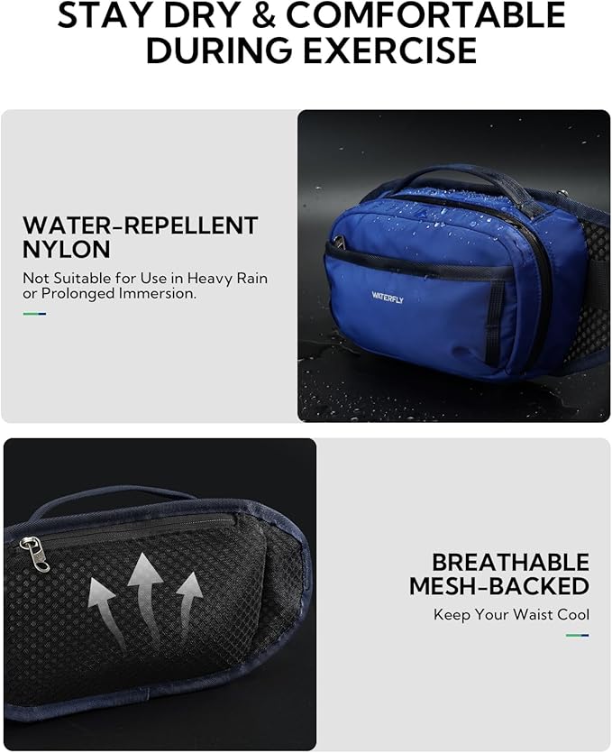 WATERFLY Fanny Pack Waist Bag: 2.3L RFID Blocking Anti-Theft Crossbody Bags with Bellows-Style Opening, Breathable Casual Hip Pack for Women Men Traveling Walking Hiking-Navy Blue