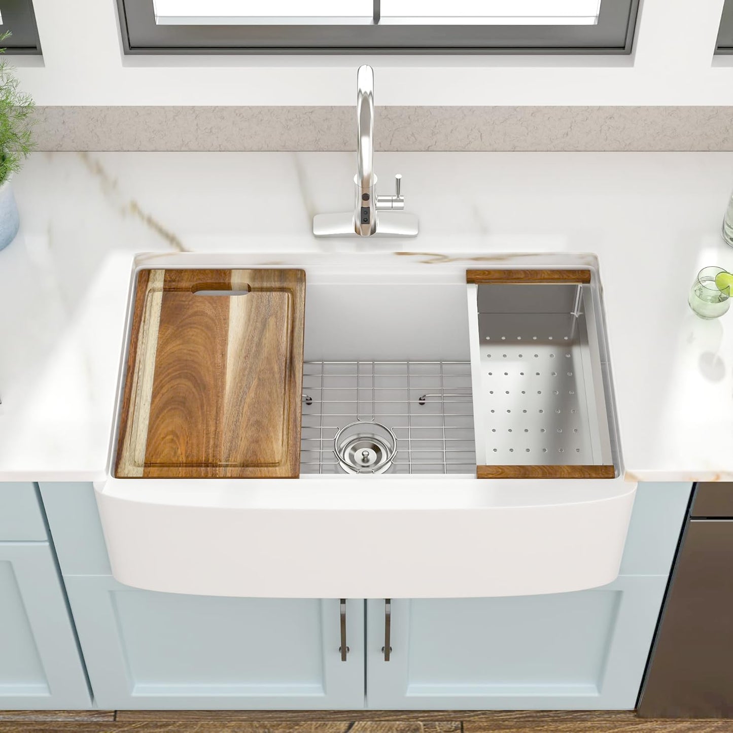 33 White Farm Sink Workstation - Fulorni 33"x21" Apron Front Farmhouse Sink Workstation with Slide Ledge White Ceramic Porcelain Fireclay Single Bowl Farmer Kitchen Sink Basin