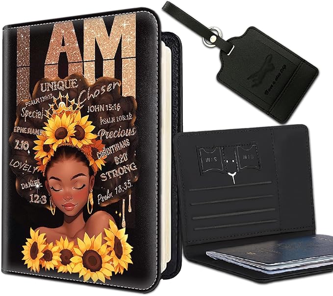 Passport Holder Women Wallet with Luggage Tag, Leather Passport Cover with RFID Blocking, Travel Accessories Multi Card Slot Passport Case for Men，Afro Woman Sunflower