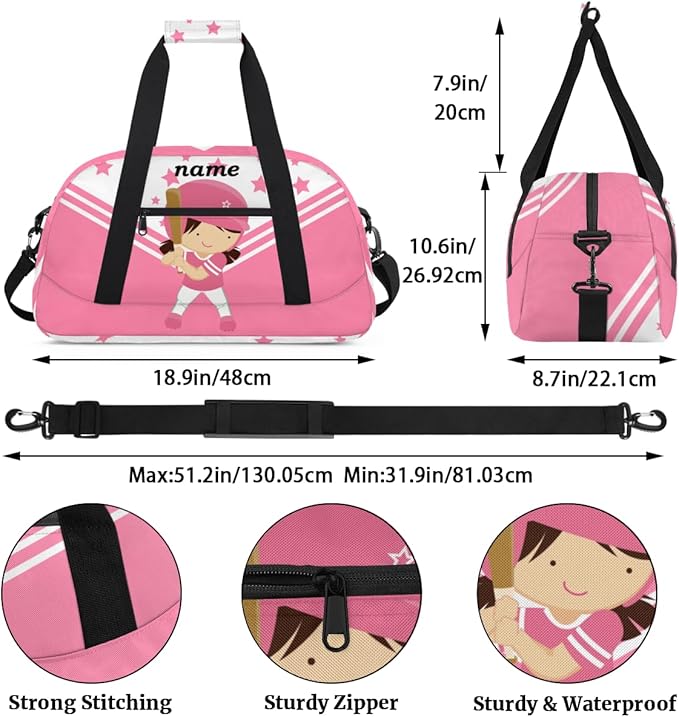 Custom Name Pink Baseball Girls Gym Travel Duffle Bag with Front Zipper Pocket Personalizedfor Sports Bag for Overnight, Weekender, Carry On,Workout & Dance, 18.9 * 8.7 * 10.6 in