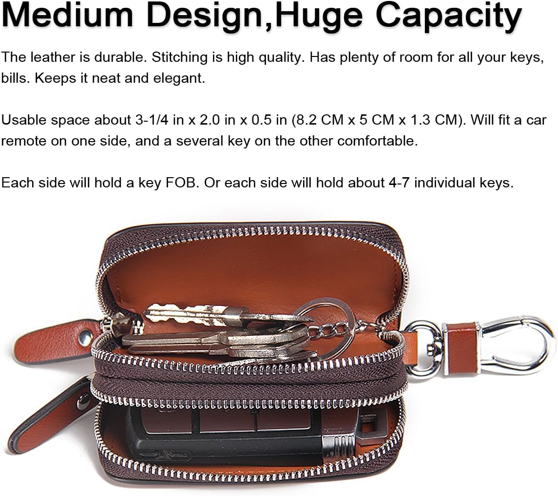 CONTACTS Car Key Case Small Leather Double Zipper Key Holder with 4 Keyrings Keys Organizer for Men Women