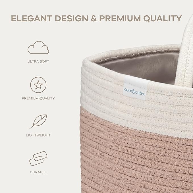 Comfy Cubs Rope Diaper Caddy Organizer 8.5" x 15" x 8" - Large Baby Diaper Basket with 3 Spacious Compartments - Stylish Cotton Baby Caddy Organizer for Diapers, Wipes & Essentials - Blush