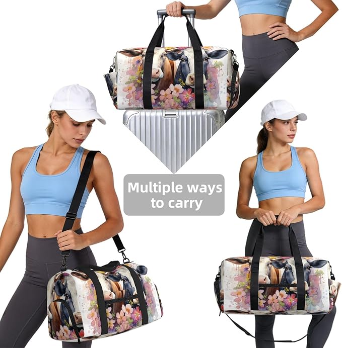 Sports Gym Bag Watercolor Floral Cows Painted Farm Animal Travel Duffel Bag With Shoe Compartment Shoulder Strap, Lightweight Water-Resistant Weekend Overnight Totes For Women Men