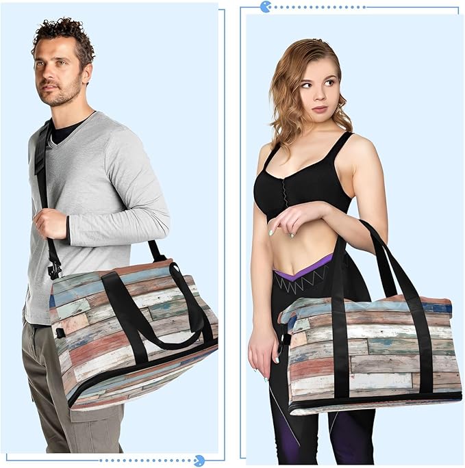 Travel Duffel Bags for Women Distressed Multicolour Wood Print Sports Duffel Bags Gym Bags with Shoes Compartment Tote Bag Weekender Bag for Travelling